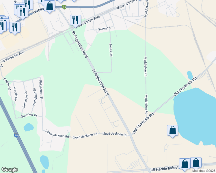map of restaurants, bars, coffee shops, grocery stores, and more near 711 Saint Augustine Road South in Valdosta