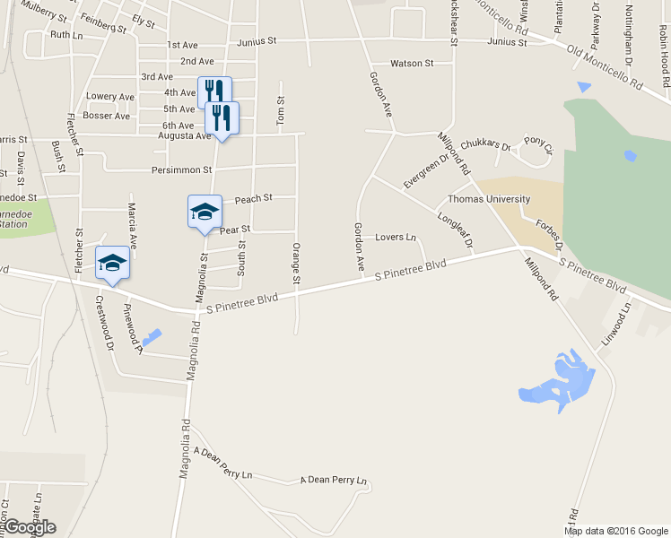 map of restaurants, bars, coffee shops, grocery stores, and more near 1408 Gordon Avenue in Thomasville