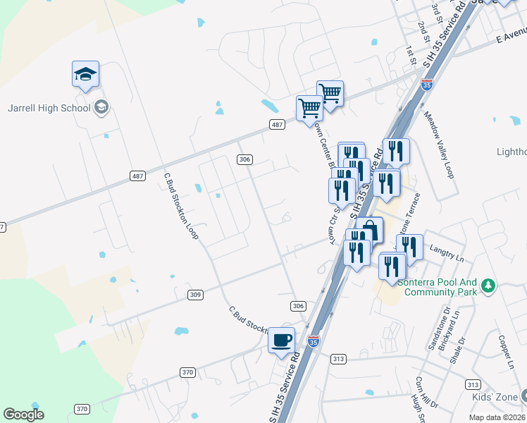 map of restaurants, bars, coffee shops, grocery stores, and more near 325 County Road 306 in Jarrell