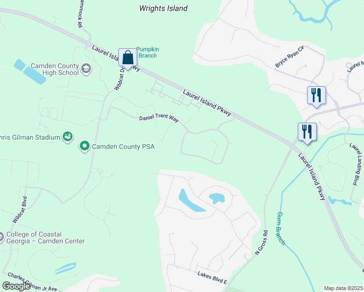map of restaurants, bars, coffee shops, grocery stores, and more near 354 Daniel Trent Way in Kingsland