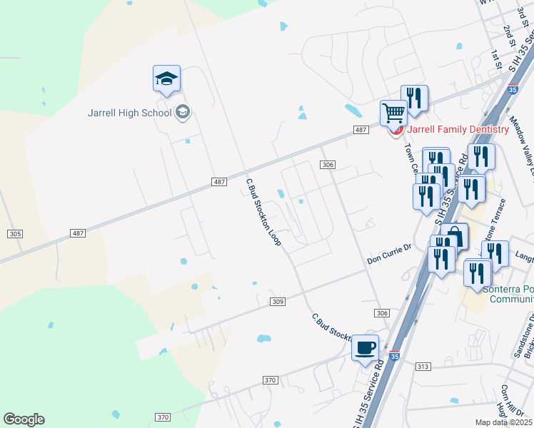 map of restaurants, bars, coffee shops, grocery stores, and more near C.Bud Stocton Loop in Jarrell