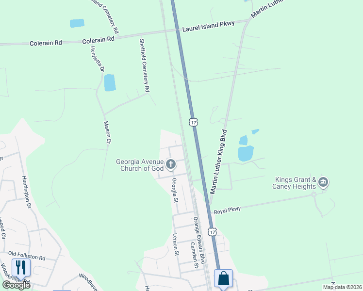 map of restaurants, bars, coffee shops, grocery stores, and more near 205 Solomon Lee Street in Kingsland