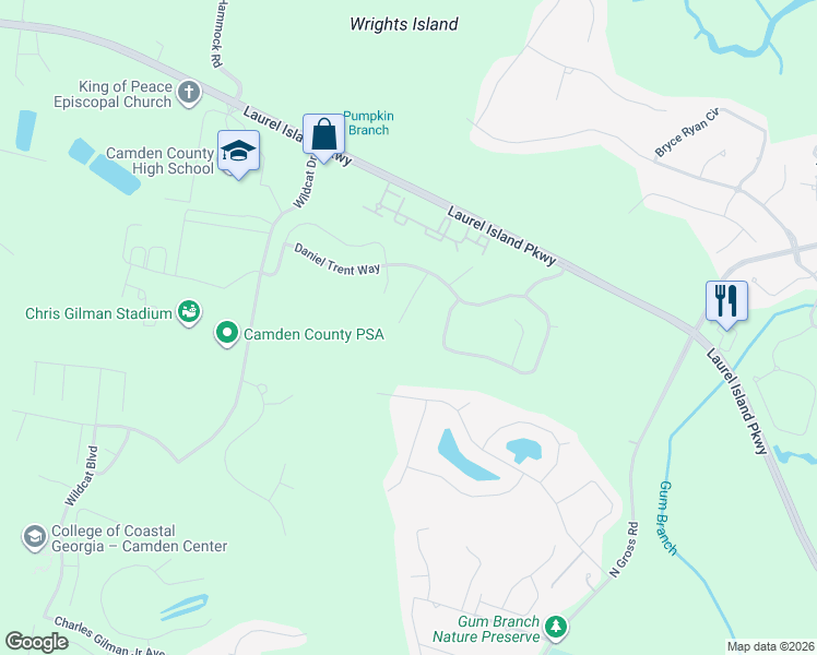 map of restaurants, bars, coffee shops, grocery stores, and more near 376 Daniel Trent Way in Kingsland