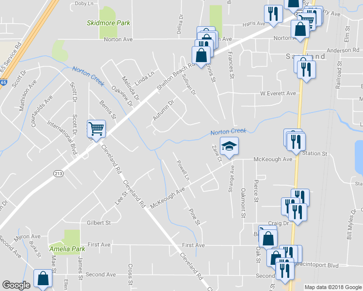 map of restaurants, bars, coffee shops, grocery stores, and more near 400 Powell Lane in Saraland