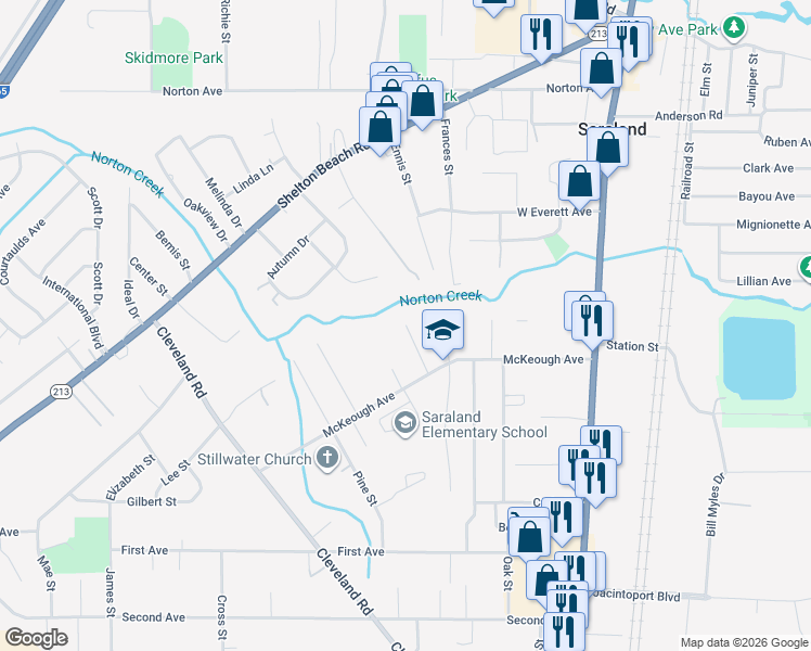 map of restaurants, bars, coffee shops, grocery stores, and more near 201 Zane Court in Saraland