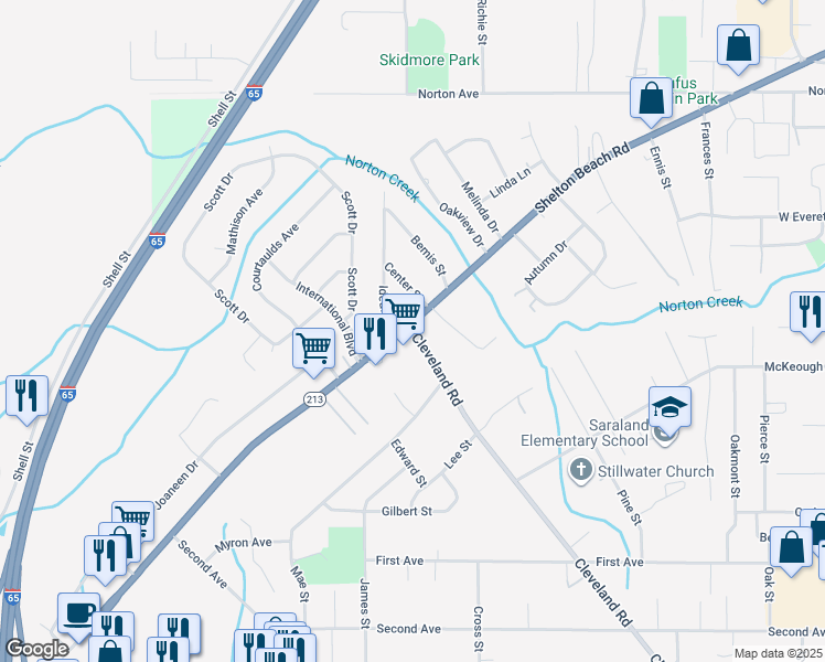 map of restaurants, bars, coffee shops, grocery stores, and more near 628 Shelton Beach Rd in Saraland