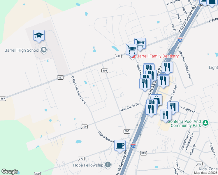 map of restaurants, bars, coffee shops, grocery stores, and more near 400 County Road 306 in Jarrell