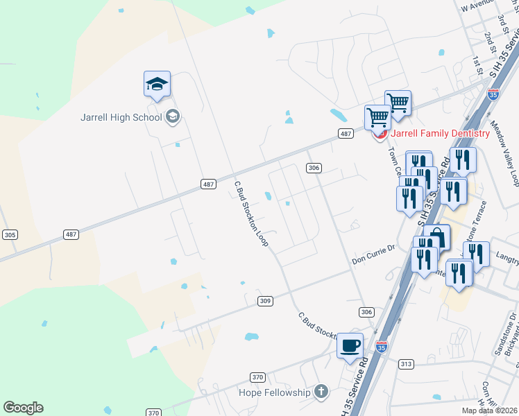 map of restaurants, bars, coffee shops, grocery stores, and more near C.Bud Stocton Loop in Jarrell