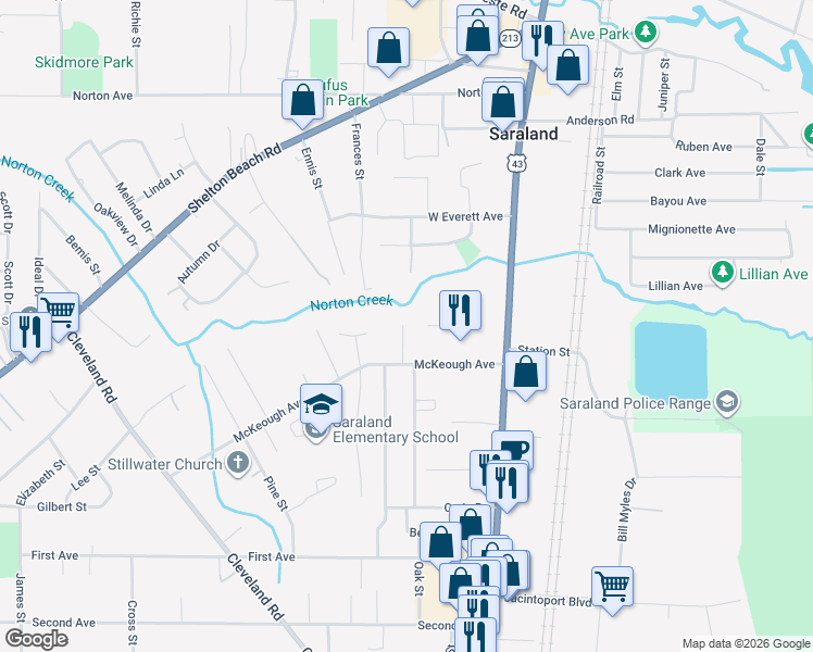 map of restaurants, bars, coffee shops, grocery stores, and more near 114 McKeough Avenue in Saraland