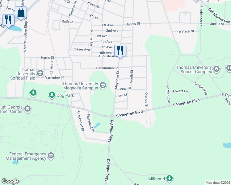 map of restaurants, bars, coffee shops, grocery stores, and more near 1550 Magnolia Street in Thomasville