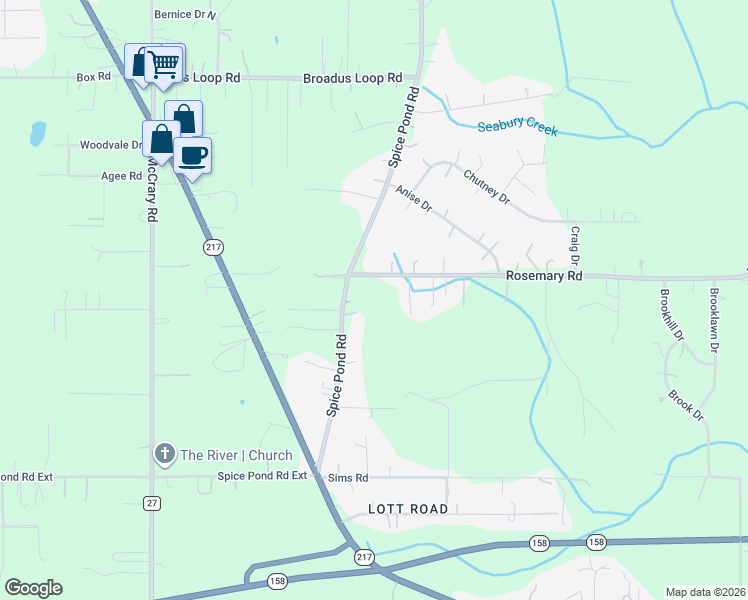 map of restaurants, bars, coffee shops, grocery stores, and more near 9301 Spice Pond Road in Mobile County