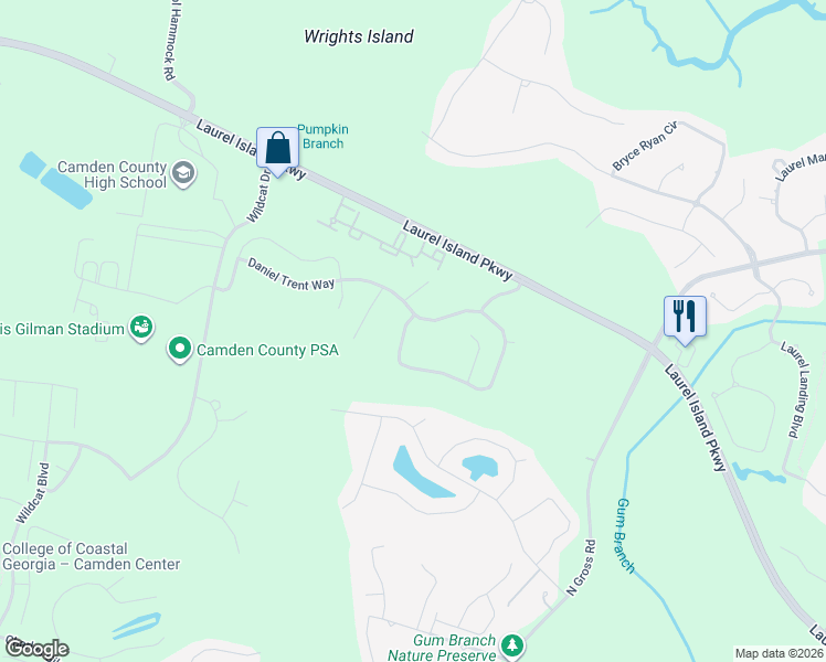 map of restaurants, bars, coffee shops, grocery stores, and more near 257 Daniel Trent Way in Kingsland