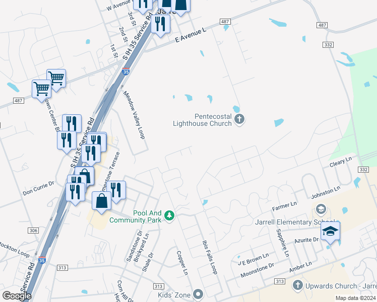 map of restaurants, bars, coffee shops, grocery stores, and more near 104 Circe Drive in Jarrell