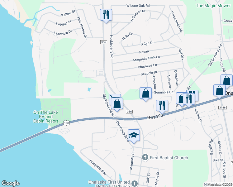 map of restaurants, bars, coffee shops, grocery stores, and more near 360 Farm to Market Road 356 in Onalaska