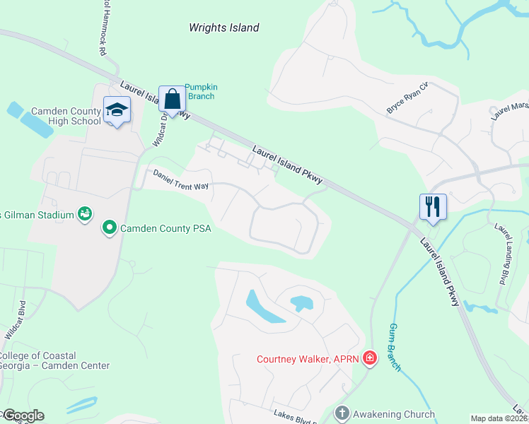 map of restaurants, bars, coffee shops, grocery stores, and more near 257 Daniel Trent Way in Kingsland