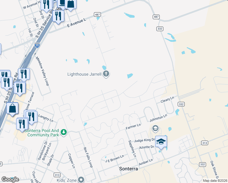 map of restaurants, bars, coffee shops, grocery stores, and more near 740 Bailey Park Drive in Jarrell