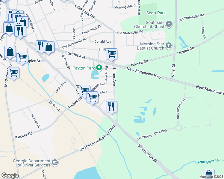 map of restaurants, bars, coffee shops, grocery stores, and more near 400 Ulmer Avenue in Valdosta