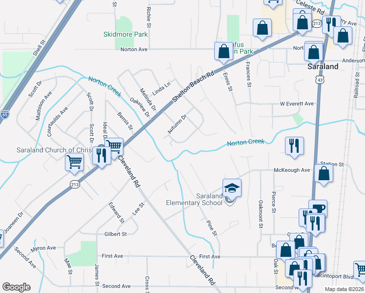 map of restaurants, bars, coffee shops, grocery stores, and more near 234 Autumn Drive in Saraland