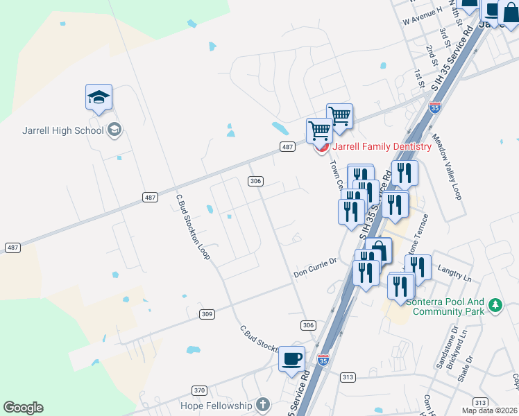 map of restaurants, bars, coffee shops, grocery stores, and more near 400 County Road 306 in Jarrell