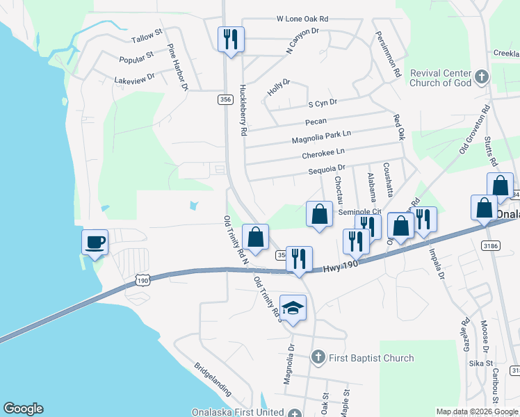 map of restaurants, bars, coffee shops, grocery stores, and more near 360 Farm to Market Road 356 in Onalaska