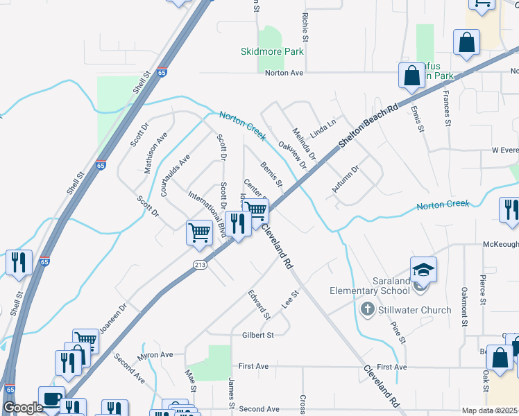 map of restaurants, bars, coffee shops, grocery stores, and more near 628 Shelton Beach Rd in Saraland