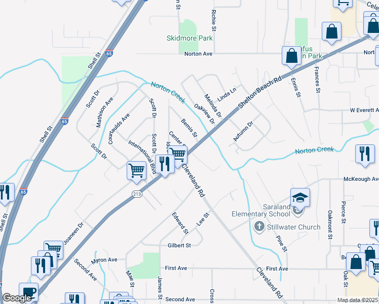 map of restaurants, bars, coffee shops, grocery stores, and more near Shelton Beach Road in Saraland