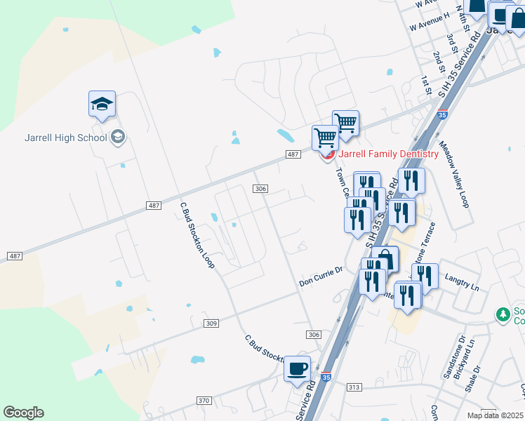 map of restaurants, bars, coffee shops, grocery stores, and more near 400 County Road 306 in Jarrell