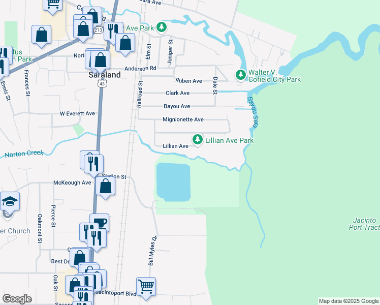 map of restaurants, bars, coffee shops, grocery stores, and more near 229 Lillian Avenue in Saraland