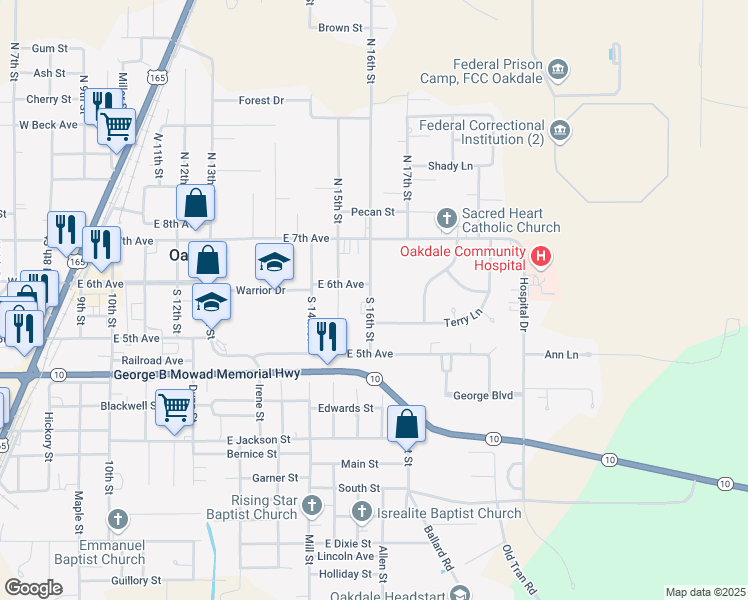 map of restaurants, bars, coffee shops, grocery stores, and more near 119 South 16th Street in Oakdale