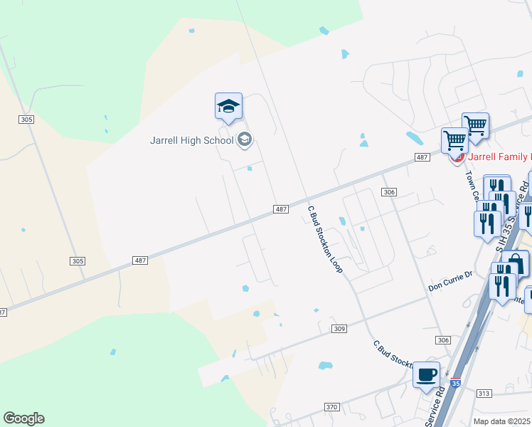map of restaurants, bars, coffee shops, grocery stores, and more near 1300 Farm to Market Road 487 in Jarrell