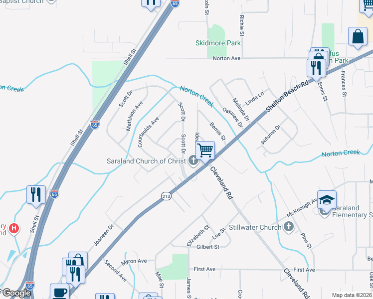 map of restaurants, bars, coffee shops, grocery stores, and more near 414 Scott Drive in Saraland