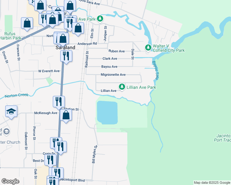 map of restaurants, bars, coffee shops, grocery stores, and more near 229 Lillian Avenue in Saraland