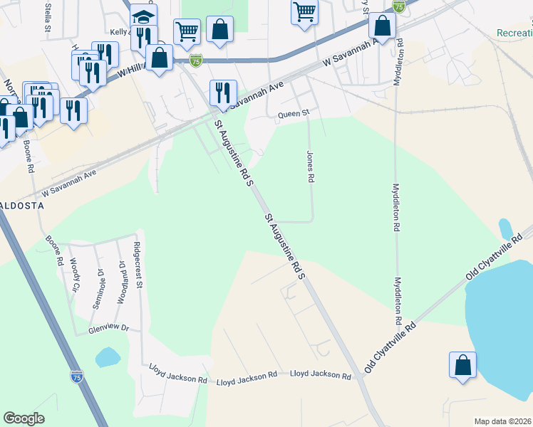 map of restaurants, bars, coffee shops, grocery stores, and more near 370-444 Saint Augustine Road South in Valdosta