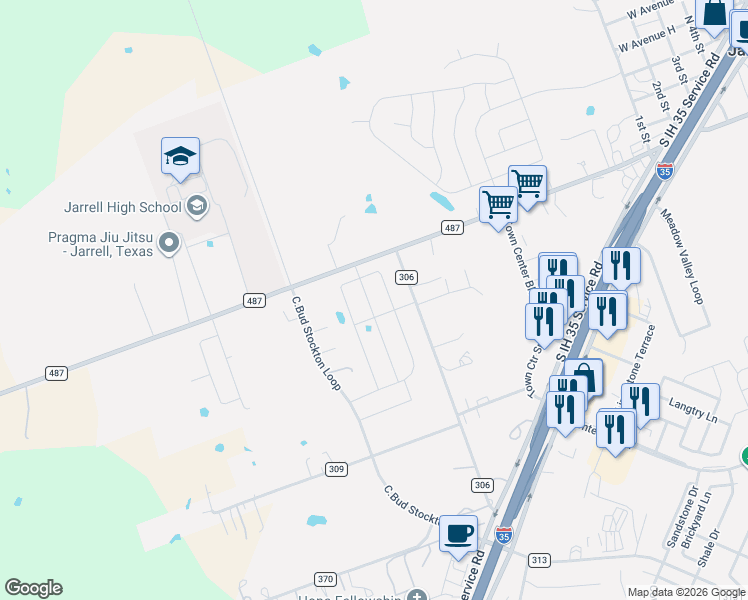 map of restaurants, bars, coffee shops, grocery stores, and more near 521 County Road 306 in Jarrell