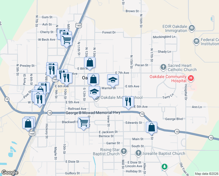 map of restaurants, bars, coffee shops, grocery stores, and more near Warrior Drive in Oakdale