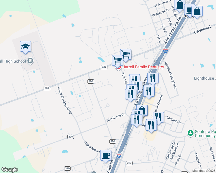 map of restaurants, bars, coffee shops, grocery stores, and more near 560 County Road 306 in Jarrell