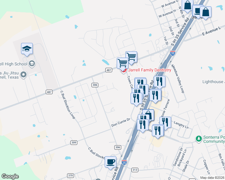 map of restaurants, bars, coffee shops, grocery stores, and more near 560 County Road 306 in Jarrell
