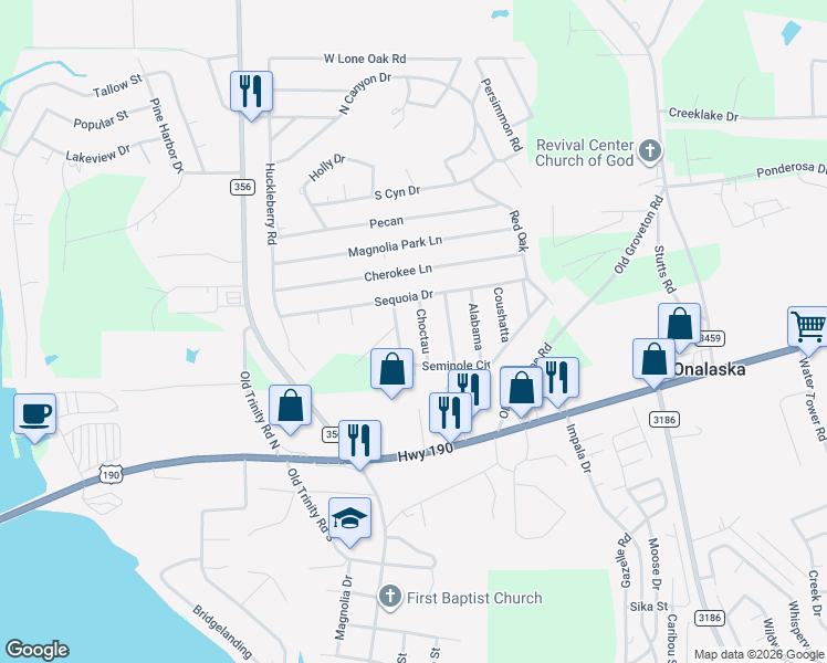 map of restaurants, bars, coffee shops, grocery stores, and more near 161 Seminole Circle in Onalaska
