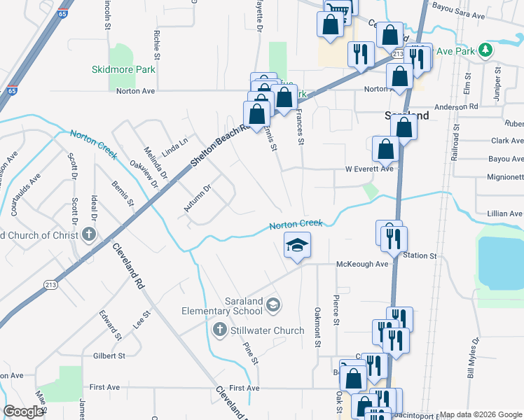 map of restaurants, bars, coffee shops, grocery stores, and more near 310 Bryant Court in Saraland