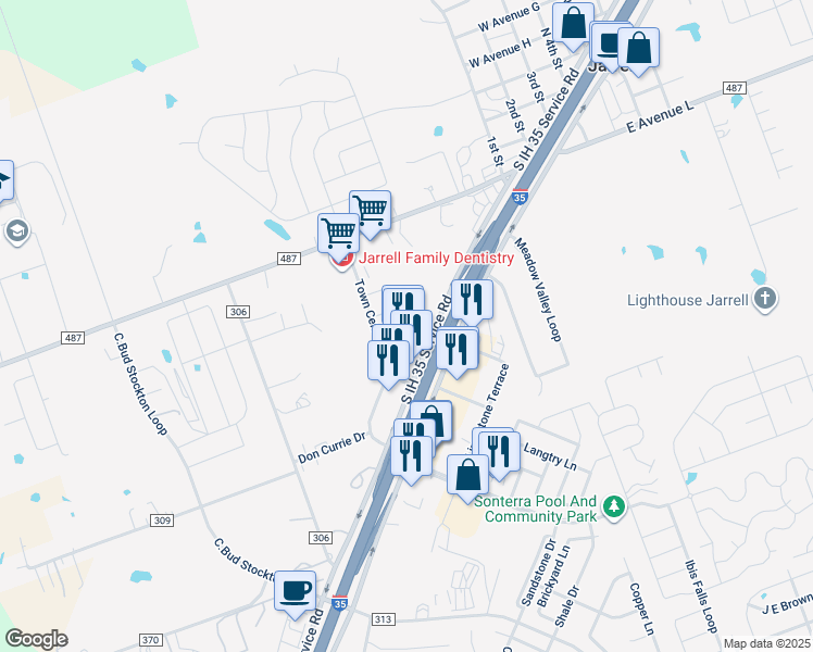 map of restaurants, bars, coffee shops, grocery stores, and more near 117 Calvin Smith Lane in Jarrell