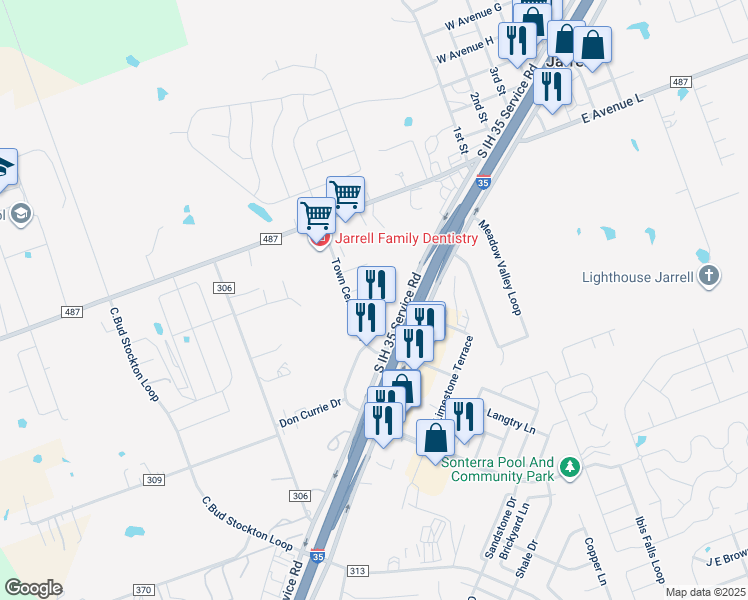 map of restaurants, bars, coffee shops, grocery stores, and more near 117 Calvin Smith Lane in Jarrell