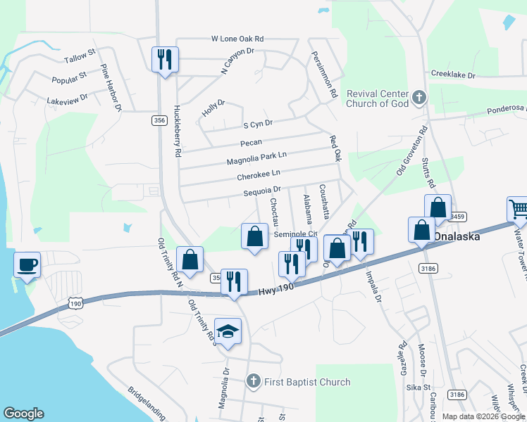 map of restaurants, bars, coffee shops, grocery stores, and more near 161 Seminole Circle in Onalaska
