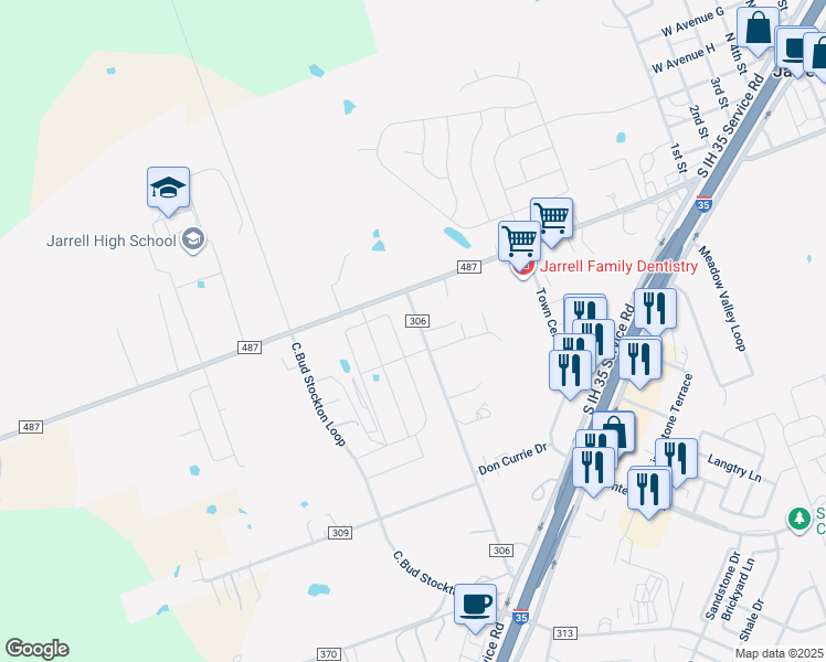 map of restaurants, bars, coffee shops, grocery stores, and more near 600 County Road 306 in Jarrell