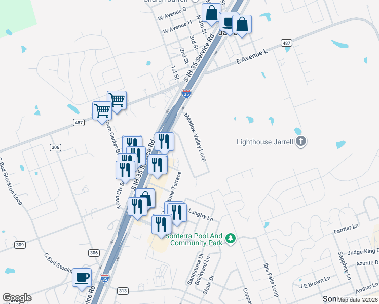 map of restaurants, bars, coffee shops, grocery stores, and more near 137 Meadow Valley Loop in Jarrell