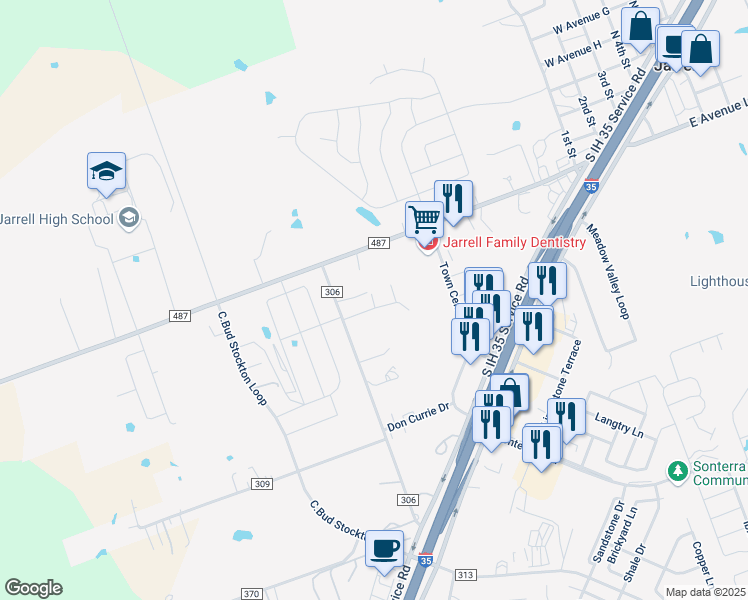 map of restaurants, bars, coffee shops, grocery stores, and more near 560 County Road 306 in Jarrell