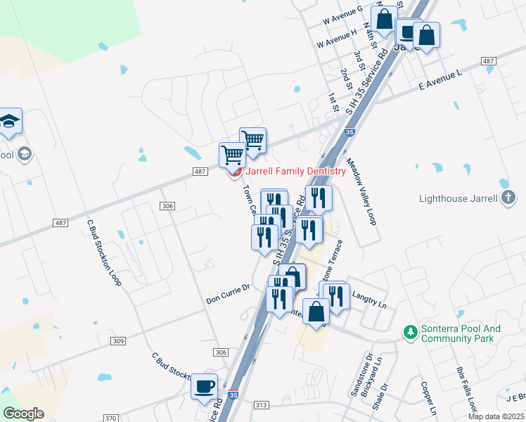 map of restaurants, bars, coffee shops, grocery stores, and more near 151 Town Center Boulevard in Jarrell