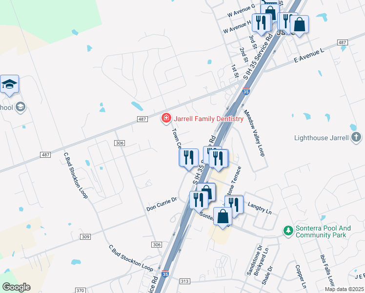 map of restaurants, bars, coffee shops, grocery stores, and more near 151 Town Center Boulevard in Jarrell