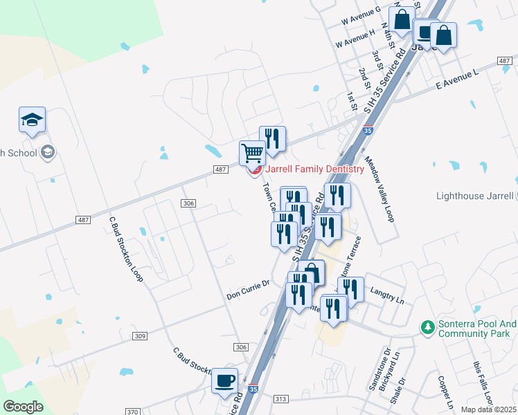 map of restaurants, bars, coffee shops, grocery stores, and more near 151 Town Center Boulevard in Jarrell