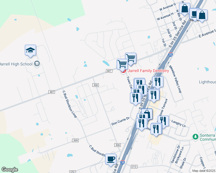 map of restaurants, bars, coffee shops, grocery stores, and more near 560 County Road 306 in Jarrell