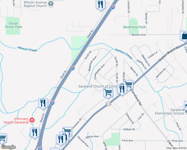 map of restaurants, bars, coffee shops, grocery stores, and more near 149 Courtaulds Avenue in Saraland